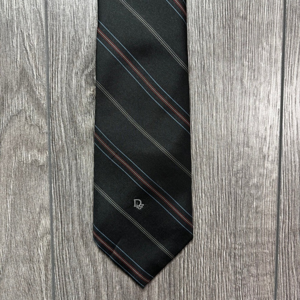 Christian Dior Vintage Mens Tie Black Red Blue Pinstripe Silk Blend Logo Italy
